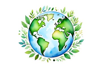 Watercolor painting of planet earth surrounded by vibrant green leaves symbolizing environmental protection and nature s beauty