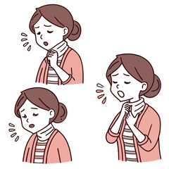 Illustrations of a Woman Experiencing a Sore Throat with Discomfort