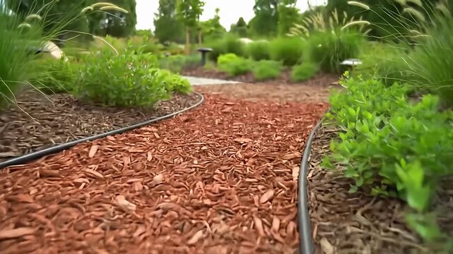 Winding mulch path with green plants and garden edge in an outdoor setting