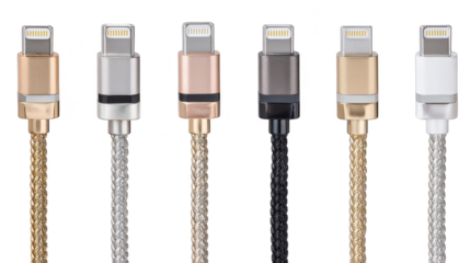 Set of six colorful cables isolated on white, red, blue, green, and yellow, showcasing connectivity power.
