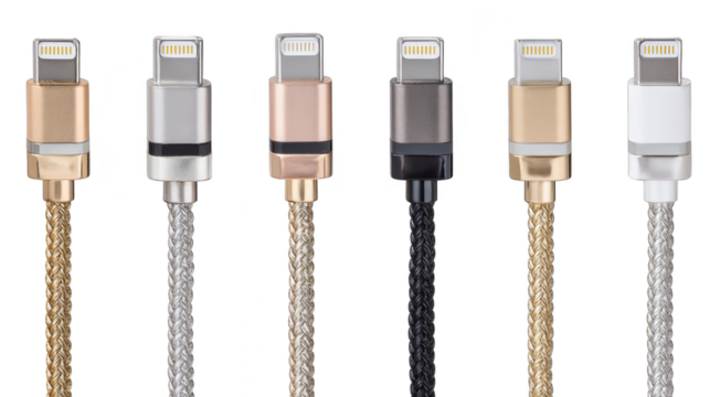 Set of six colorful cables isolated on white, red, blue, green, and yellow, showcasing connectivity power.