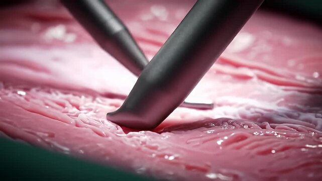 Surgical tools manipulate tissue with vascular detail, under bright light and green edges