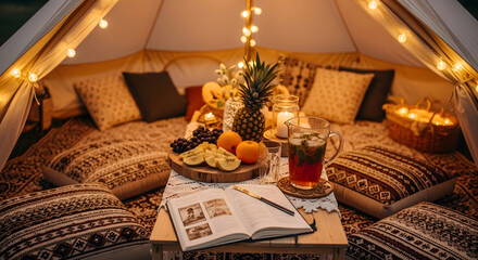 A cozy summer picnic inside a canvas tent decorated with string lights and boho cushions. Low table features a fruit platter, iced herbal tea, and an open travel journal.