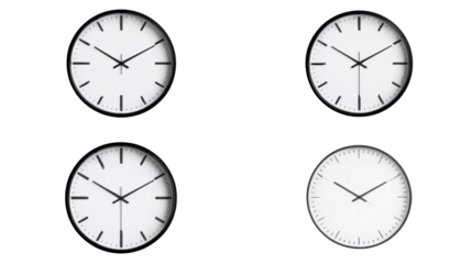 Timeless elegance, four clocks with distinctive faces on a black backdrop.