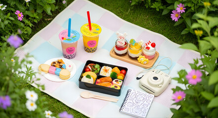 A cheerful compact picnic in a small garden space. Includes colorful bento box meals, bubble tea, mini dessert jars, pastel blanket, polaroid camera, and a notebook filled with doodles.
