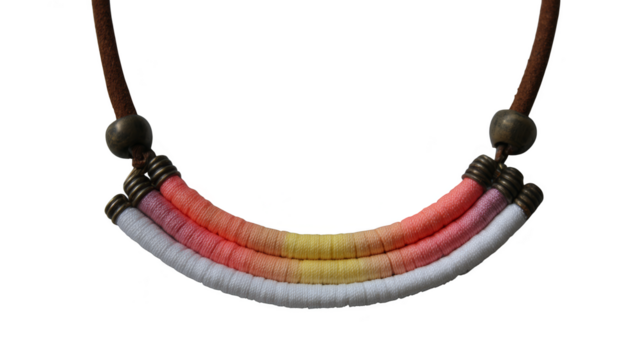 A stylish, handcrafted necklace featuring a curved design of colorful beads in white, pink, and yellow hues, strung on a brown cord.