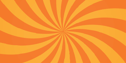 Vector orange sun rays sunburst texture background. Modern seamless retro vintage burst sunrise sunbeam element spiral striped illustration sunray template wallpaper design.
