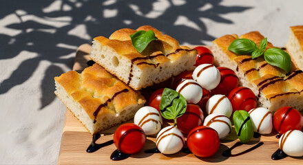 A detailed close-up of fresh picnic food placed on a wooden cutting board. Includes focaccia slices, cherry tomatoes, mozzarella balls, and basil leaves, topped with balsamic glaze. 