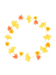 紅葉とイチョウの葉のカラフルな水彩イラストフレーム（円型）