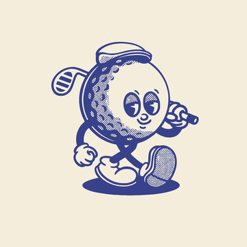 Groovy golf sport ball character in retro cartoon. Mascot, vector, icon, colection, sticker, vintage, illustration, set, funny, logo, comic, vintage, line art, logo