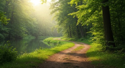Obraz premium Golden Hour Over Riverbank Trail