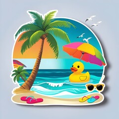 Vibrant Beach Paradise 2D Vector Illustration: Palm Trees, Turquoise Water, Sun Umbrella. Summer Travel Sticker, Poster, or Social Media Content. Trendy Vacation Design.