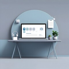 Minimalist Home Office Workspace 2D Vector Illustration: Laptop, Headphones, Notebook, Plant. Flat Design for Remote Work Blog, Website, or App UI. Commercial Use.