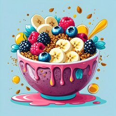 Colorful Acai Bowl 2D Vector Illustration: Healthy Breakfast with Berries, Granola, Banana. Food Blog, Fitness App, or Wellness Poster. Flat Design, Pastel Background.