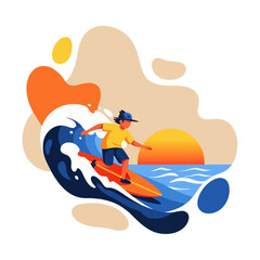 A vibrant illustration of a surfer riding a large blue ocean wave on an orange board during sunset.