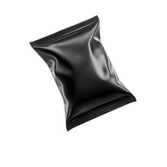 Close up view of a black shiny plastic snack package or pouch mockup floating in a minimalist white studio setting with subtle shadows and reflections