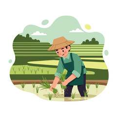 A smiling farmer wearing a conical hat plants rice seedlings in a flooded paddy field.