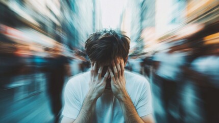 A stressed man covers his face amid a blurred, fast-moving urban background, symbolizing anxiety and overwhelming emotions in a busy city life.