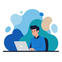 A young man in a blue sweater works on his laptop computer against a modern abstract background.