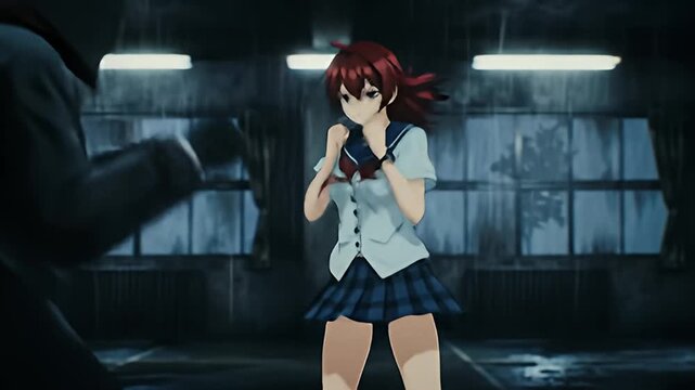 Action scene shows anime girl in school uniform kicking indistinct dark figure