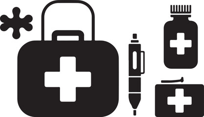 Obraz premium Medical First Aid Kit Icon Set – Emergency Healthcare Symbols