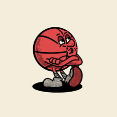 Groovy basketball sport ball character in retro cartoon. Mascot, vector, icon, colection, sticker, vintage, illustration, set, funny, logo, comic