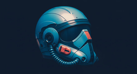Fototapeta premium Futuristic Headgear An Angular, Blue and Orange Helmet Isolated on Dark Background