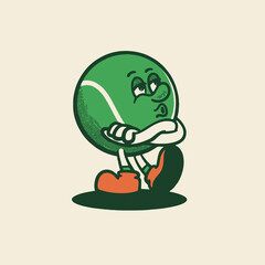 Groovy Tennis sport ball character in retro cartoon. Mascot, vector, icon, colection, sticker, vintage, illustration, set, funny, logo, comic