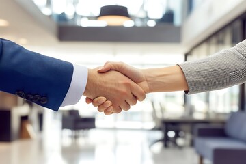 A businessman and businesswoman shaking hands in a bright, open office space, modern office furniture in the background 

