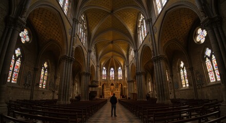 Obraz premium Cathedral grandeur: Contemplation amidst towering arches and stained glass splendor