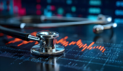 A close-up of a stethoscope on a digital health monitor with vibrant graphs, symbolizing the intersection of technology and healthcare.
