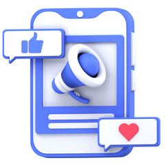 3D illustration of social media marketing featuring a smartphone with a megaphone icon, thumbs-up, and heart symbols in chat bubbles, representing digital engagement and promotion
