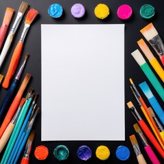 Blank white paper surrounded by colorful paint and brushes on a dark background