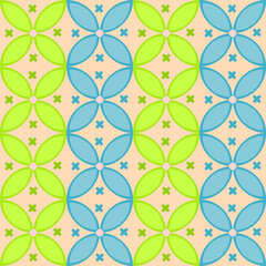 A seamless geometric pattern of intersecting blue and green circles creating flower shapes on a peach background.