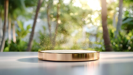 A beautifully lit scene featuring a golden circular object positioned on a table, surrounded by lush greenery, creating a serene atmosphere.