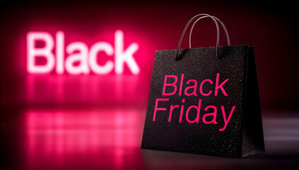 A close-up of a stylish black shopping bag with 'Black Friday' printed in bold pink letters, illuminated by a vibrant neon light background.