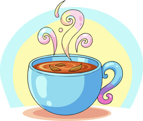 Cartoon Blue Cup with Steaming Beverage and Floating Leaves Illustration