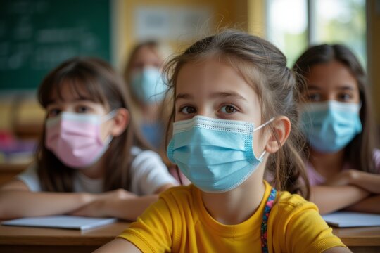 Elementary school students wearing protective masks in a classroom. - Powered by Adobe