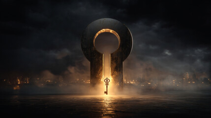 A conceptual image of a lock shaped like a question mark, with a single, glowing golden key about to enter it, symbolizing the key to the answer