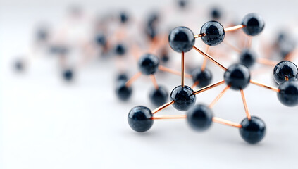 A close-up of a futuristic molecular structure, highlighting intricate connections between black spheres and copper bonds, representing advanced technology.