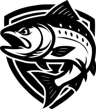 Salmon Shield Logo &ndash; Bold Black and White Vector Emblem for River and Ocean Fishing Charters