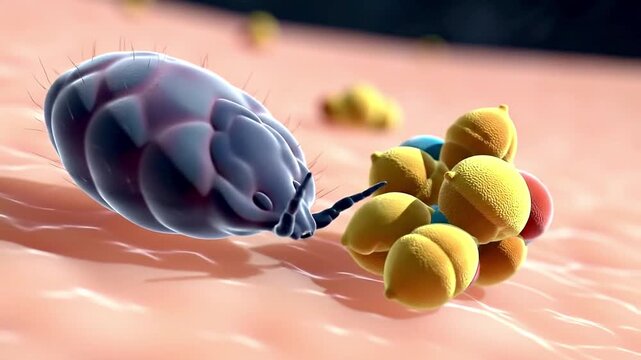 Macro simulation of dust mite and pollen grain collision on skin surface