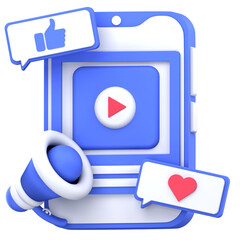 3D illustration of content marketing showing a smartphone screen with a play button, megaphone, like and heart icons, representing audience engagement through digital content creation and sharing.