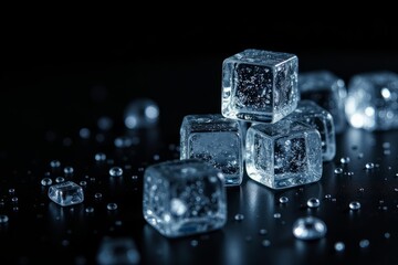 Close-up view of ice cubes on a dark surface.