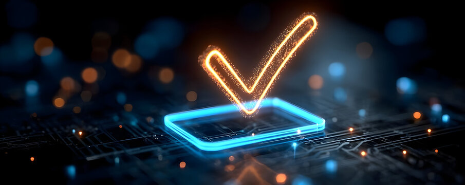 A futuristic neon checkmark glowing on a digital background, symbolizing verification and success in the tech industry.