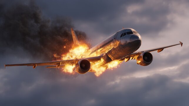 Hyper-realistic scene of a commercial airplane plummeting from the sky with one engine on fire, surrounded by dramatic clouds and intense atmosphere, capturing emergency, danger,and crisis in aviation