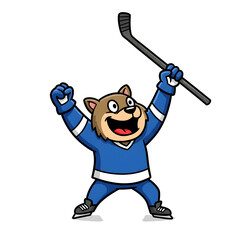 Naklejka premium Cartoon cat hockey player celebrating with stick raised with transparent background PNG