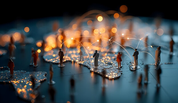 A creative representation of global connectivity, showcasing miniature figures on a map illuminated by glowing lines symbolizing communication networks.