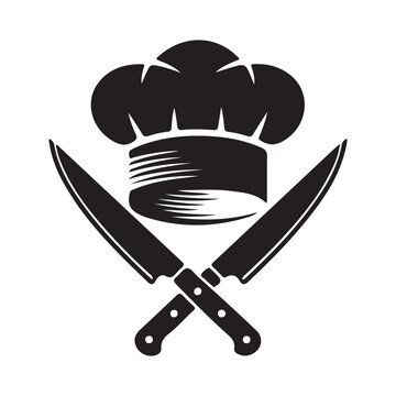 Chef hat and crossed knives silhouette vector isolated on white background.