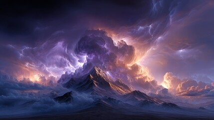 A striking scene of stormy clouds swirling around majestic mountain peaks with hints of lightning and varying light hues.